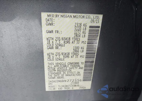 2015 Nissan Murano Sv z USA, uszkodzony, nr VIN 5N1AZ2MG6FN272556